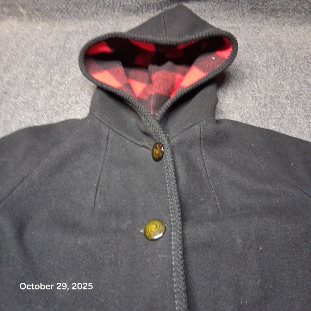 Womens Black‎ Wool Hooded Coat Buffalo Plaid Lined Size XL - Picture 2 of 8